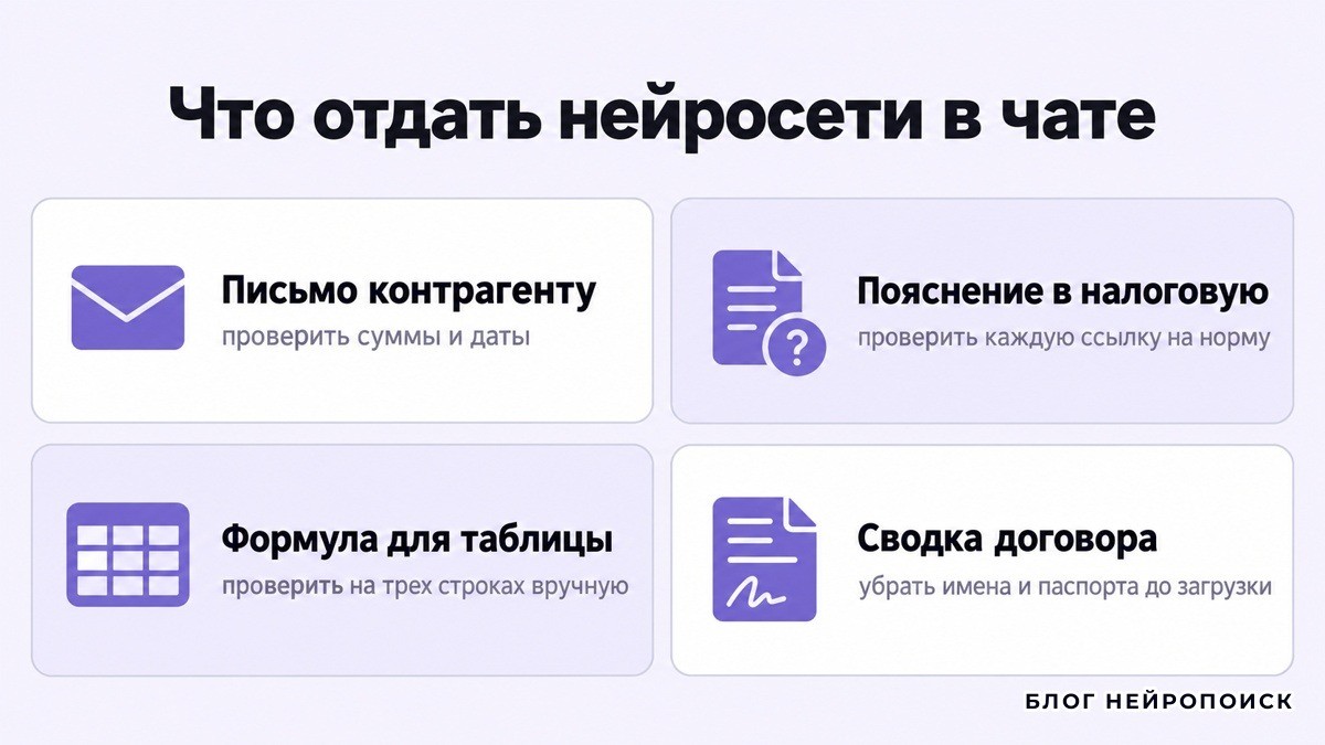 Четыре задачи бухгалтера для нейросети в чате и что проверить